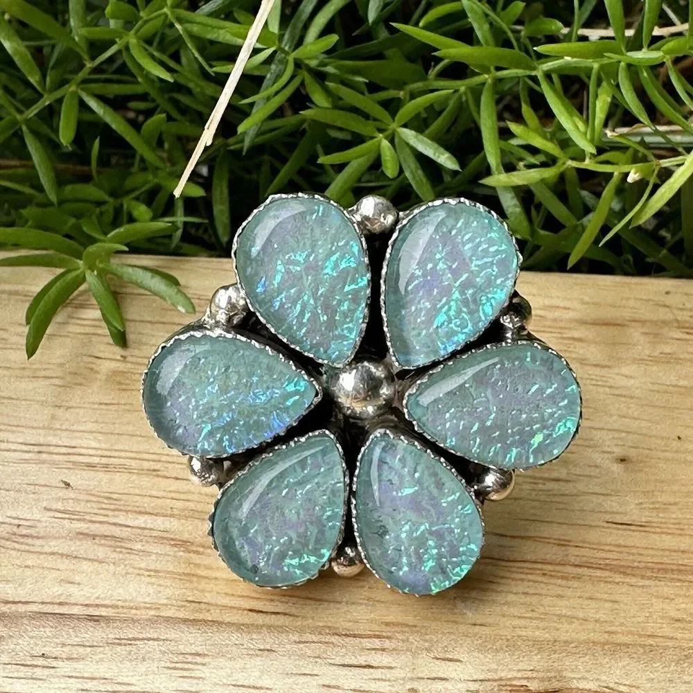 AR Yazzie Navajo Floral Ring Sterling Silver‎ 6.25 Foil Opal Glass 17.2g Signed